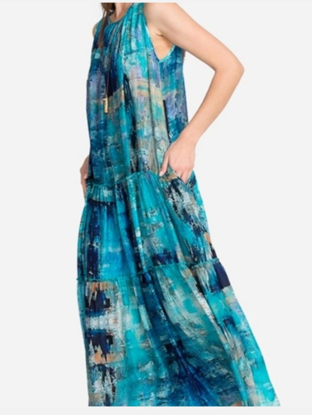 Johnny Was Mint Tiered Silk Maxi Dress Size Large Sea Blue Boho Chic Beach - Picture 2 of 15